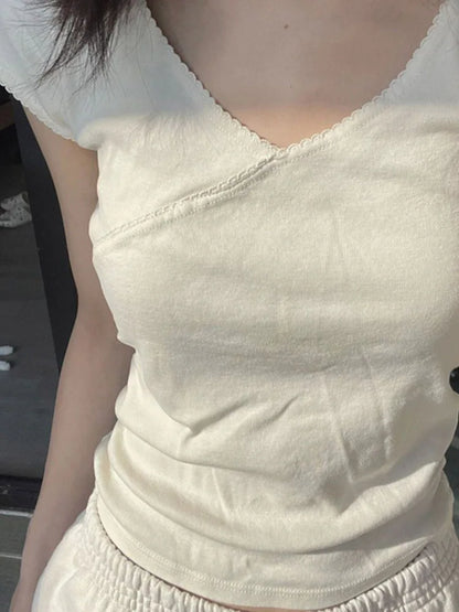 Vintage Slim V Neck Cotton Streetwear Tee Y2K Cute Femme