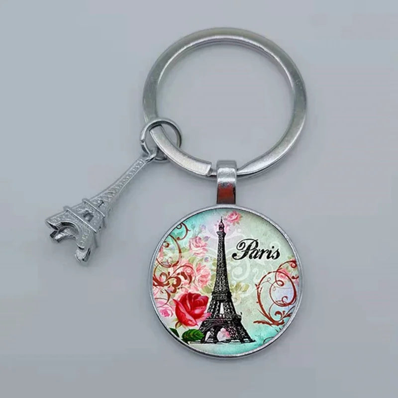Paris Eiffel Tower Glass Pendant Keychain for Women with Artistic Design
