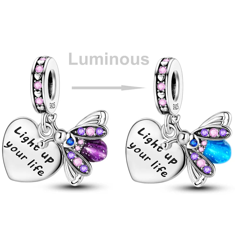 Pink Butterfly Luminous Firefly Dangle Charms 925 Sterling Silver Beads for DIY Jewelry KTC994