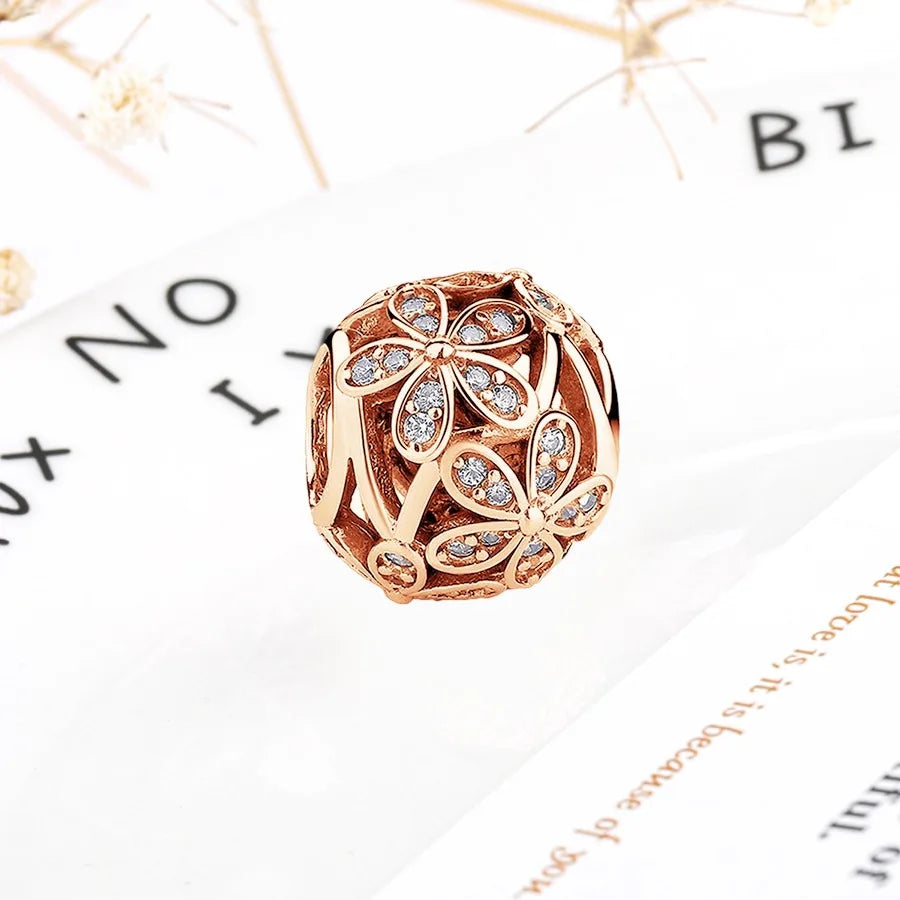 Rose Gold Winged Angel Heart Charm Bead Pink Daisy Spacer