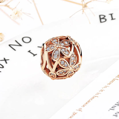 Rose Gold Winged Angel Heart Charm Bead Pink Daisy Spacer
