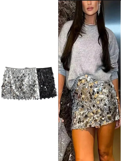 Women Sequined Mini Skirt With Side Zipper High Waist Chic
