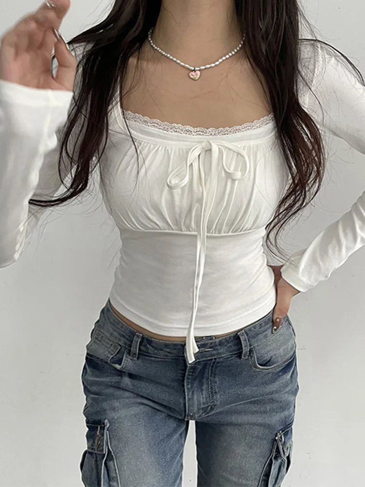 Square Collar Knit Crop Top With Lace Bow For Women