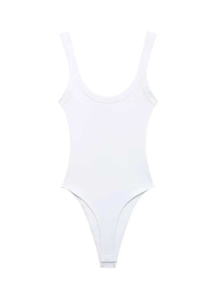 Skinny Ribbed Bodysuits for Women O Neck Straps Snap Button