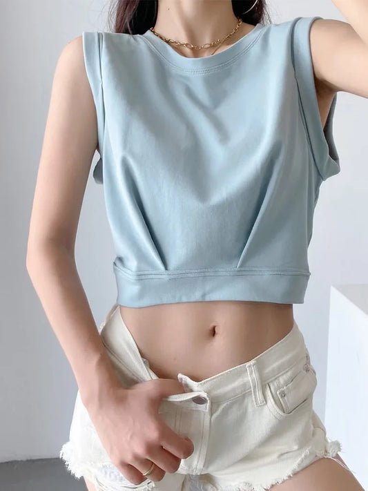 Dozw Women Solid Color Crop Tank Top O Neck Cotton Blend