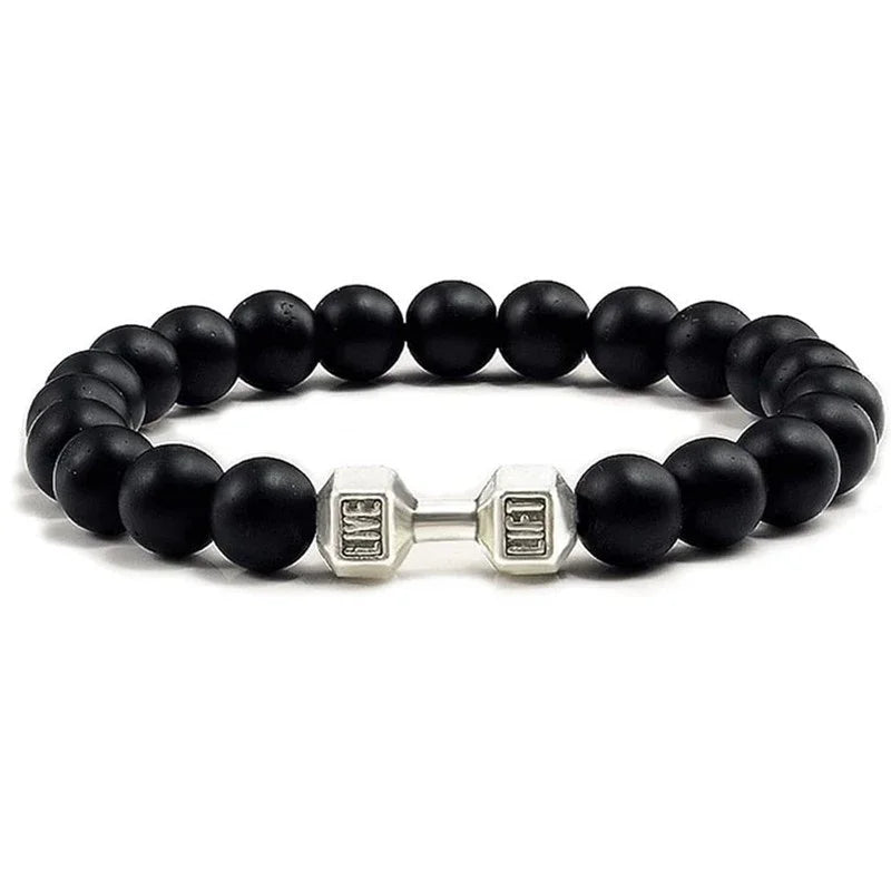 Vintage Men's Natural Stone Bead Bracelet With Dumbbell Pendant matte silver