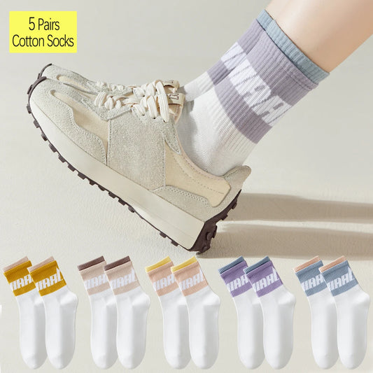 5 Pairs Colorful Breathable Cotton Mid Calf Athletic Socks