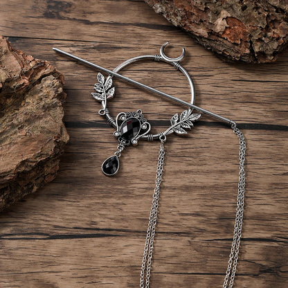 Retro Viking Crescent Leaf Gemstone Glass Hairpin Unique Scandinavian Hair Accessory Perfect Gift for Her