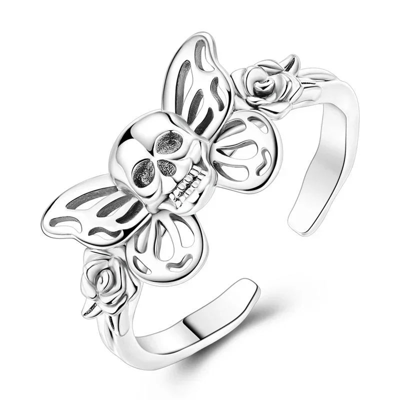 Original 925 Sterling Silver Heart Skull Necklace Ring and Cross Bracelet Set with Zircon Accents for Halloween and Valentine Gifts