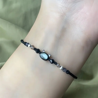 Moonstone and Obsidian Cat Bracelets Set for Couples - Minimalist Handmade Party Jewelry Gift