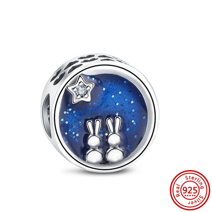 Sterling Silver Blue Zircon Feather Crown Moon Pendant Charm Bracelet Beads N635 3mm-4mm
