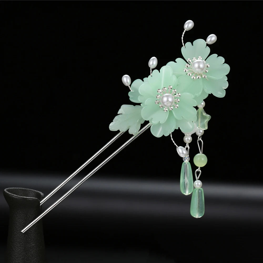 Elegant Gold Red Floral Pearl Long Tassel Hairpins Bridal Chinese Wedding Headpiece