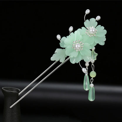Elegant Gold Red Floral Pearl Long Tassel Hairpins Bridal Chinese Wedding Headpiece