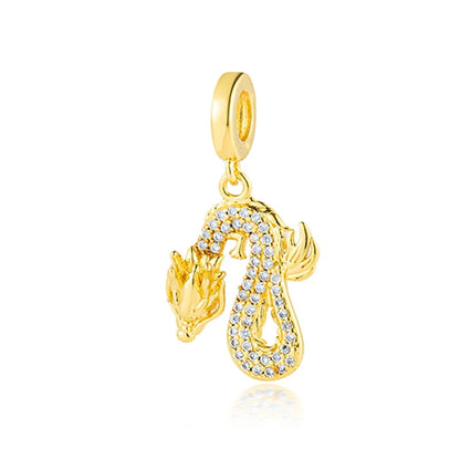 Golden Dragon Double Heart Dangle Charm Bead For 925 Bracelet