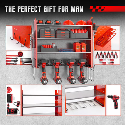 Heavy Duty Wall Mounted Power Tool Organizer with Battery Rack Pegboard and Multi Hooks