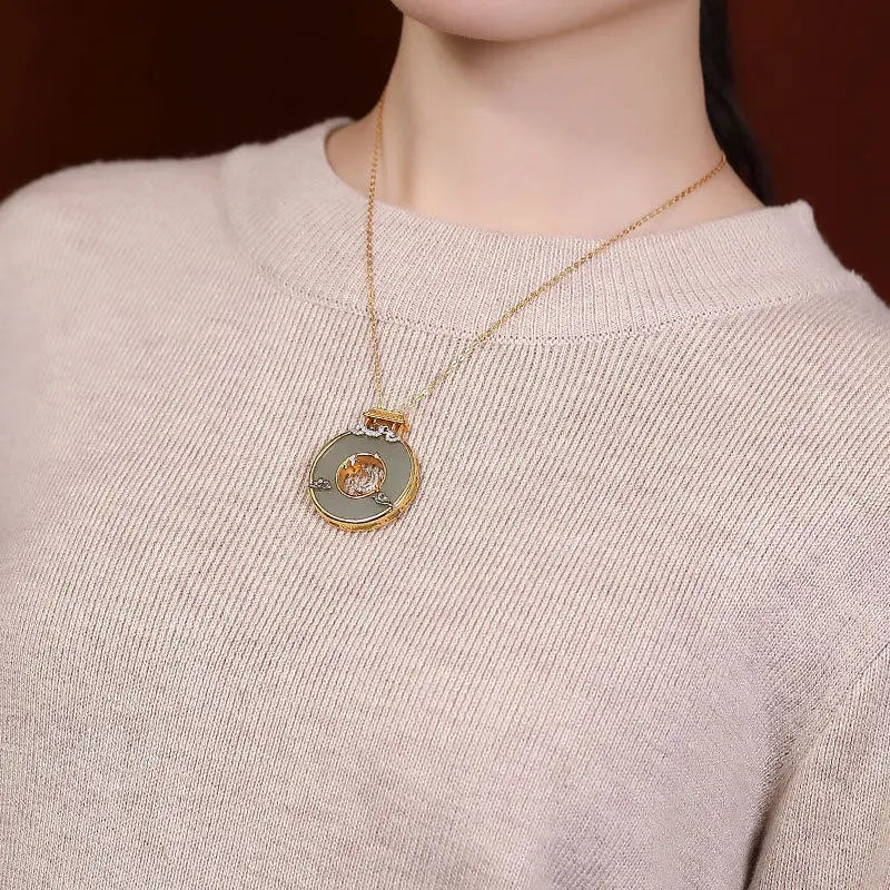 Natural Hetian Jade Pendant Necklace with Crystal Inlay Elegant Ladies Jewelry