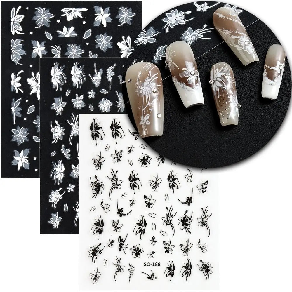 Elegant Black White Floral 3D Nail Art Stickers - Charming Petal Adhesive for DIY Manicure