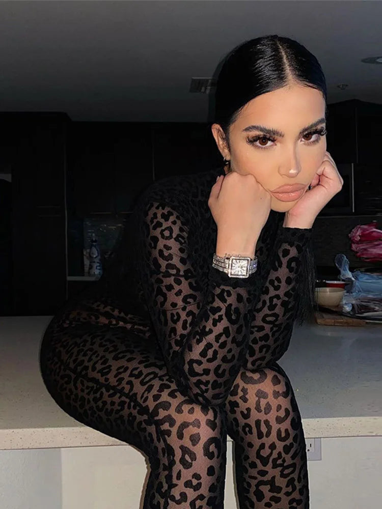 Leopard Mesh Bodystocking Jumpsuit See Through Velour