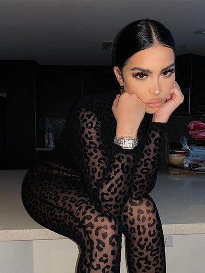 Leopard Mesh Bodystocking Jumpsuit See Through Velour