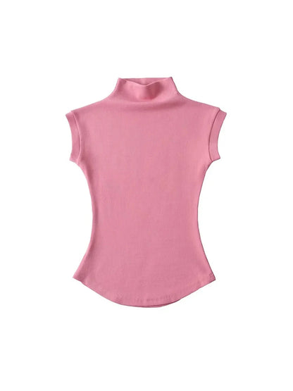 Women Summer Slim Fit Sleeveless Turtleneck Top Casual Solid Color Jersey Tee