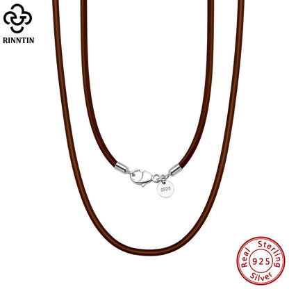 Rinntin 2mm Brown Leather Cord Necklace with 925 Sterling Silver Clasp Trendy Jewelry for Men and Women