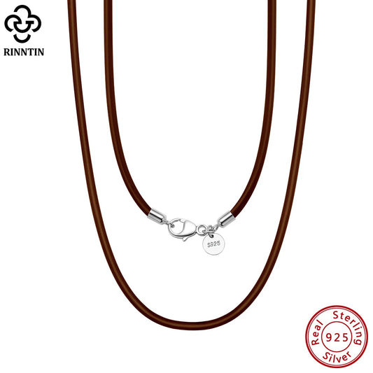 Rinntin 2mm Brown Leather Cord Necklace with 925 Sterling Silver Clasp Trendy Jewelry for Men and Women