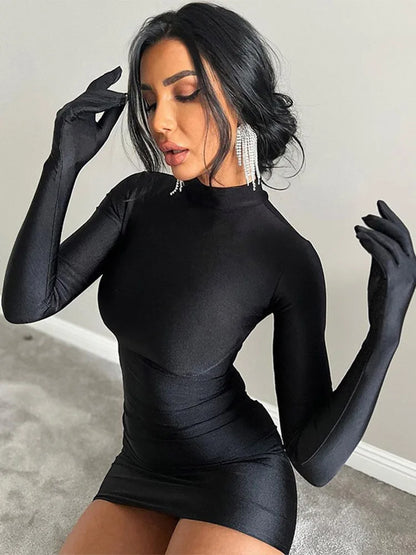 Solid Longsleeve Mini Bodycon Dress With Gloves Y2K
