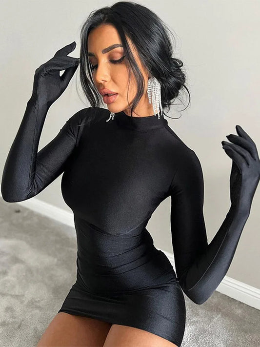 Solid Longsleeve Mini Bodycon Dress With Gloves Y2K