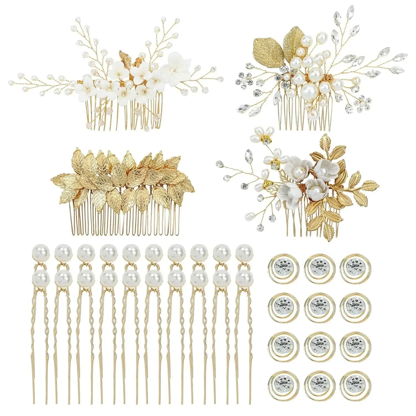 Gold Leaf Bridal Hair Accessory Set - 36 Pack of Pearl Combs, Rhinestone Pins, and Spiral Clips