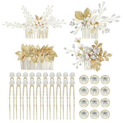 Gold Leaf Bridal Hair Accessory Set - 36 Pack of Pearl Combs, Rhinestone Pins, and Spiral Clips