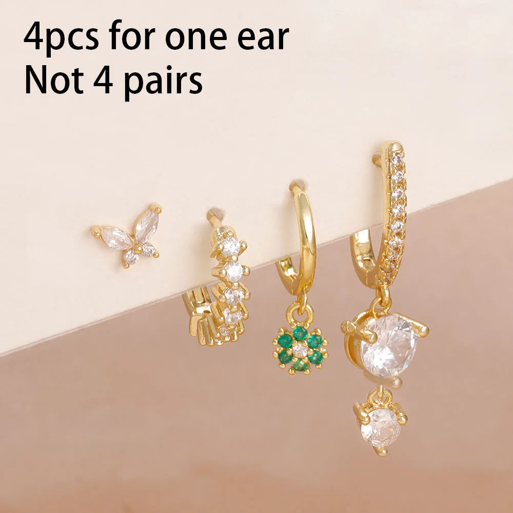 14K Gold Plated Dainty Zircon Flower Hoop Earrings Set for Women Stylish Stainless Steel Studs