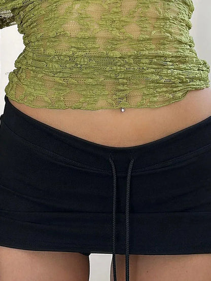 Lace Up Mini Skirt Sexy Retro A Line Knit Cotton Casual