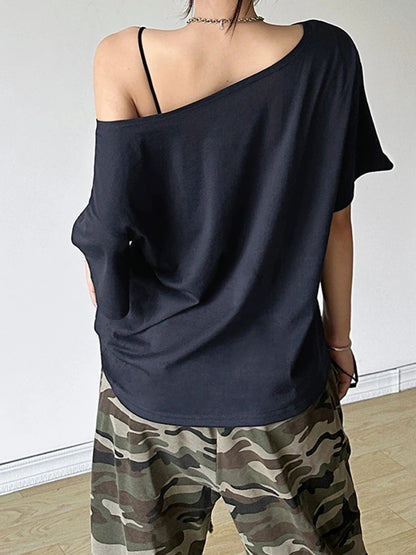 Off Shoulder Letter Print Tee Women Casual Summer Top