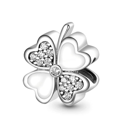 925 Sterling Silver Charm Beads for Women Bracelet - Four-Leaf Clover and Sunflower Design B1604