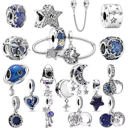 925 Silver Galaxy Charms Bracelet with Starry Sky Beads and Planetary Motifs
