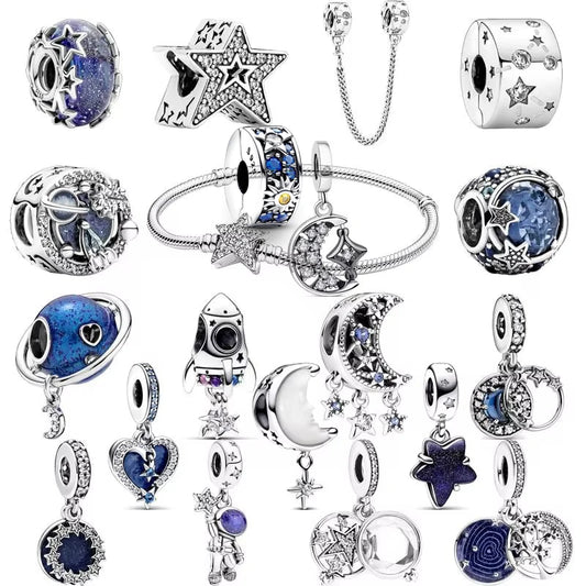 925 Silver Galaxy Charms Bracelet with Starry Sky Beads and Planetary Motifs