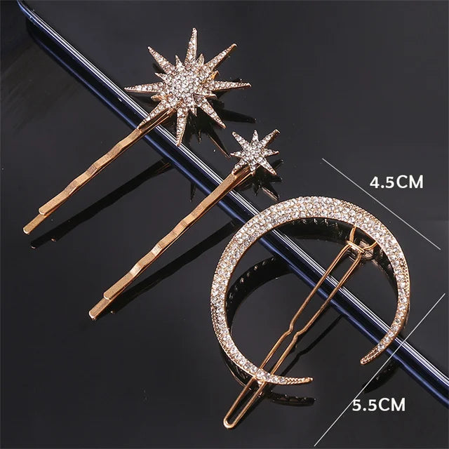 Geometric Stars & Moon Rhinestone Hair Clip Set - Top-Rated Bridal Hair Accessories Gold 3 Piece Set