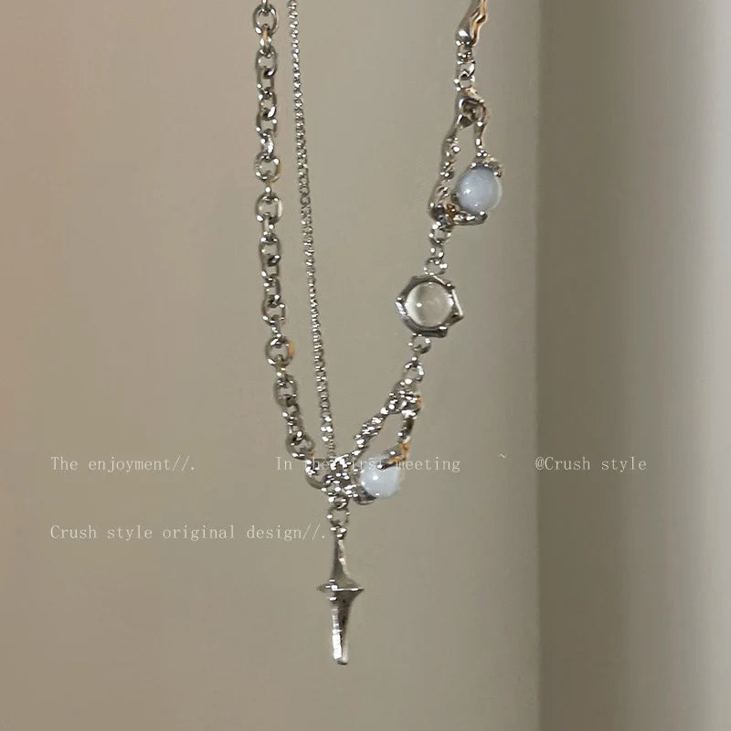 Y2K Moonstone Necklace with Star Tassels Pendant Zircon Chain for Women Girls Trendy Party Jewelry Gift