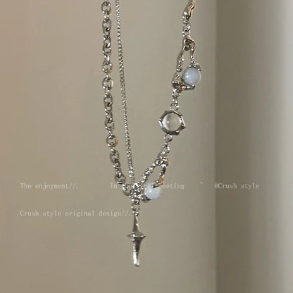 Y2K Moonstone Necklace with Star Tassels Pendant Zircon Chain for Women Girls Trendy Party Jewelry Gift