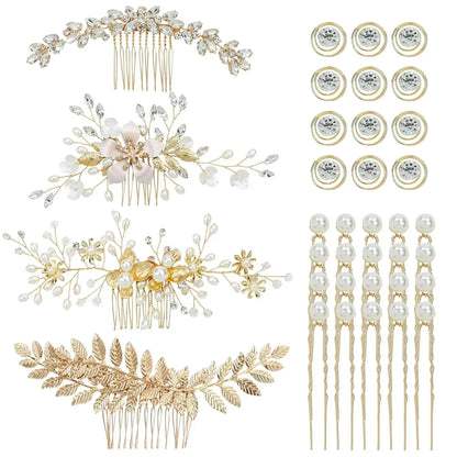 Gold Leaf Bridal Hair Accessory Set - 36 Pack of Pearl Combs, Rhinestone Pins, and Spiral Clips
