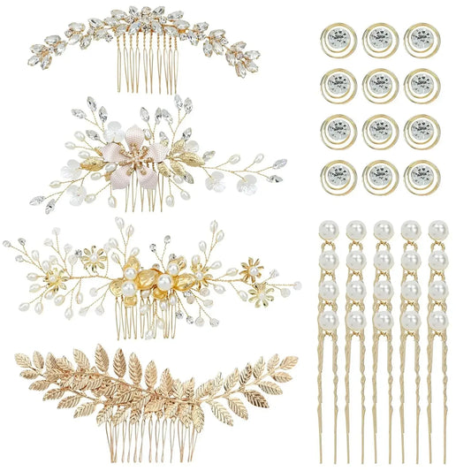 Gold Leaf Bridal Hair Accessory Set - 36 Pack of Pearl Combs, Rhinestone Pins, and Spiral Clips