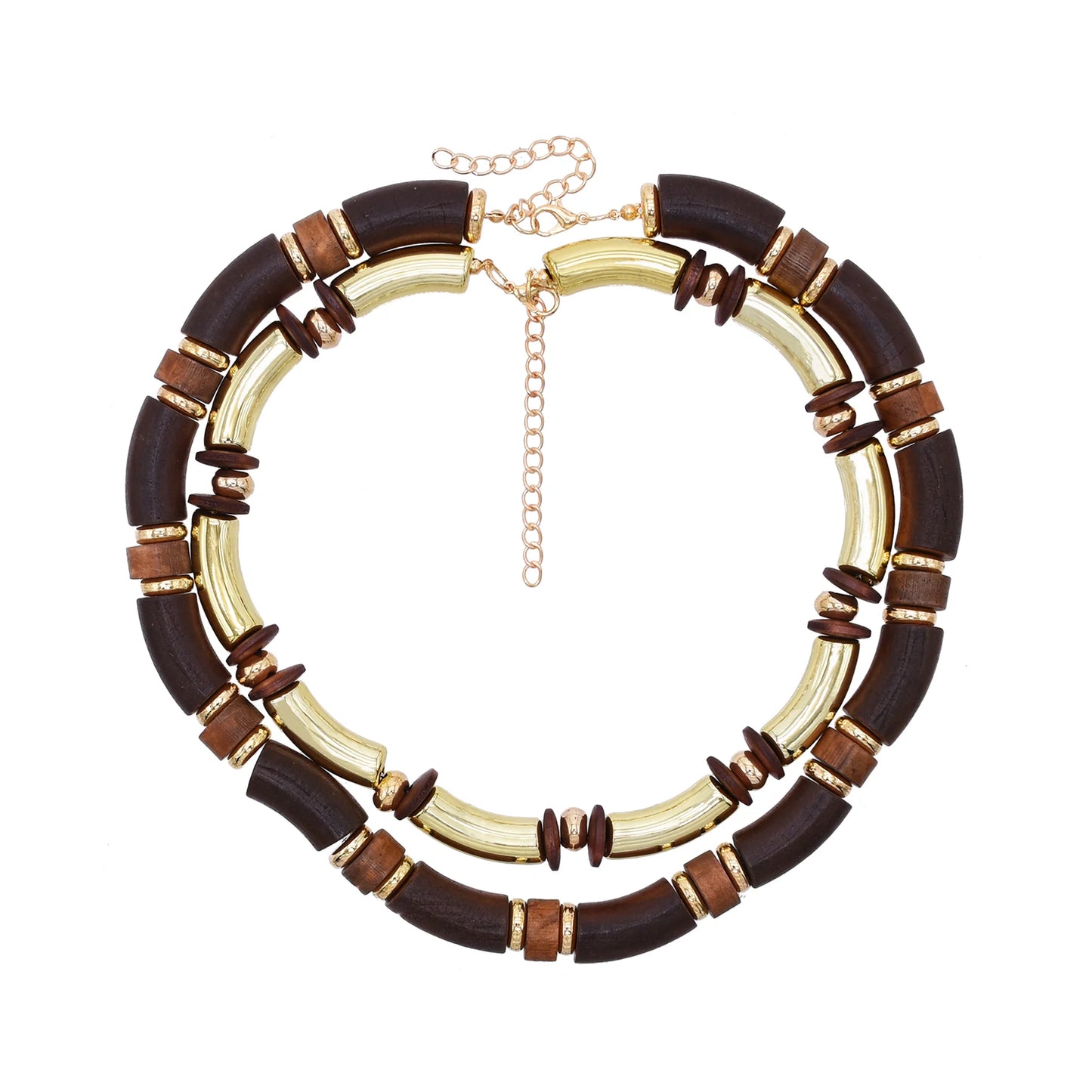 Vintage Brown Wood Multi Layer Necklace And Bracelet Set For Women Gold Plated Fashion Jewelry Gift For Parties