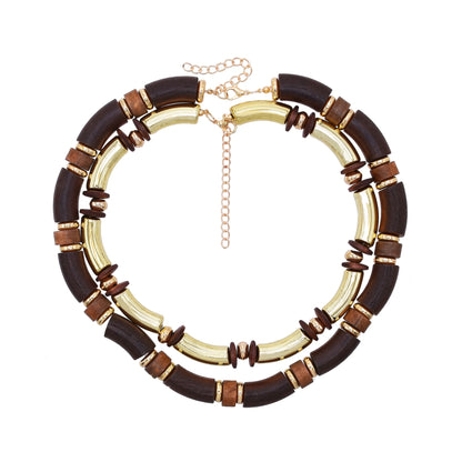 Vintage Brown Wood Multi Layer Necklace And Bracelet Set For Women Gold Plated Fashion Jewelry Gift For Parties
