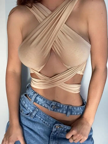 Women Cross Over Strappy Halter Crop Top Backless Wrap Vest