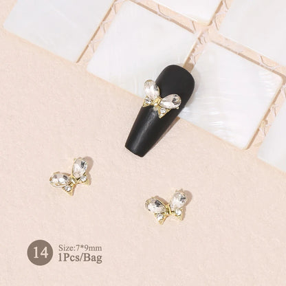 Elegant Gold Silver Metal Bowknot Nail Charm 3D Rhinestone Decor for DIY Manicure Art