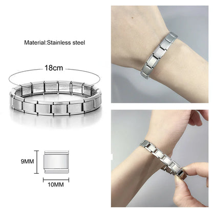 Elegant Gold-Tone Unisex Charm Bracelet Italian Link Stainless Steel 9mm