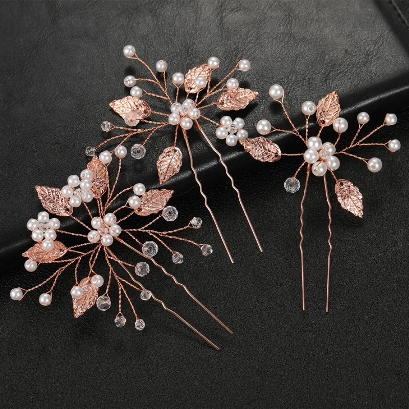 Handmade Rose Gold Leaf Hairpins with Simulated Pearls for Bridal Wedding Jewelry