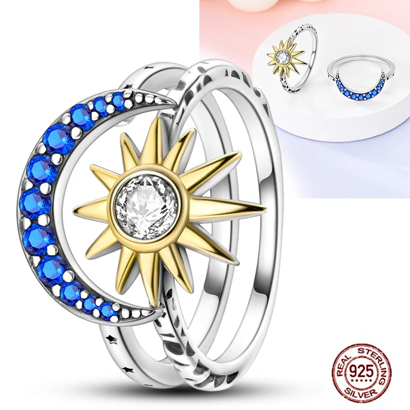 Hot Blue Zircon Ring For Women in 925 Sterling Silver Sparkling Star Moon Design Heart Shaped Original Wedding Jewelry LLTR305