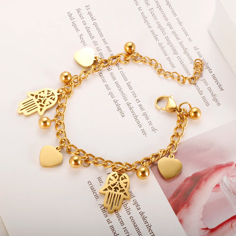 Trendy Gold Plated Stainless Steel Palm Heart Bracelet for Women with Cuban Link Chain and Round Ball Design