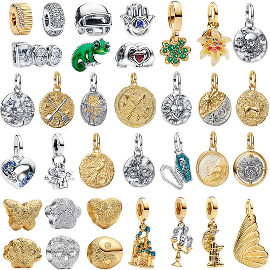 925 Sterling Silver Golden Round Charms with Horse Lion Castle Beads for DIY Womens Jewelry Gift